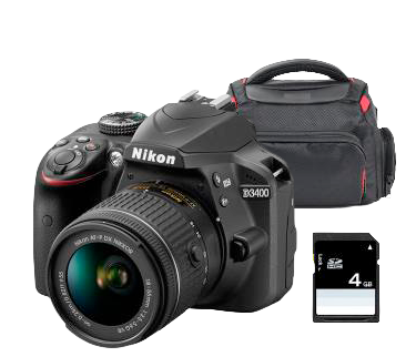 Pack Nikon D3400 + AF-P DX NIKKOR 18-55 mm f/3.5-5.6G VR + Bolsa + SD 4Go Pack Nikon D3400 + AF-P DX NIKKOR 18-55 mm f/3.5-5.6G VR + Bolsa + SD 4Go