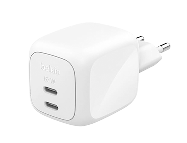 Cargador de pared dual Belkin BoostCharge 67W USB-C GaN Power Delivery Blanco