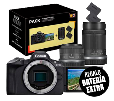 Pack Fnac Cámara EVIL Canon EOS R50 + RF-S 18-45mm f/4.5-6.3 IS STM + RF-S 55-210mm f/5-7.1 IS STM + Batería