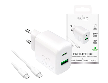 Kit Cargador de pared Puro Pro Lite 30W + Cable USB-A a USB-C 1,2m Blanco Kit Cargador de pared Puro Pro Lite 30W + Cable USB-A a USB-C 1,2m Blanco