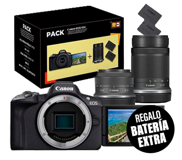 Pack Fnac Cámara EVIL Canon EOS R50 + RF-S 18-45mm f/4.5-6.3 IS STM + RF-S 55-210mm f/5-7.1 IS STM + Batería Pack Fnac Cámara EVIL Canon EOS R50 + RF-S 18-45mm f/4.5-6.3 IS STM + RF-S 55-210mm f/5-7.1 IS STM + Batería